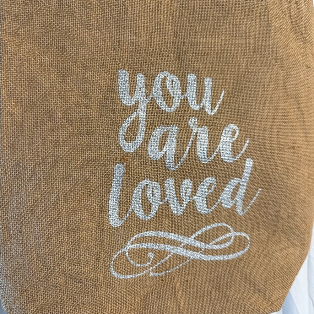 Tan Jute “You Are Loved” Tote Bag with Black Handles - Picture 2 of 9
